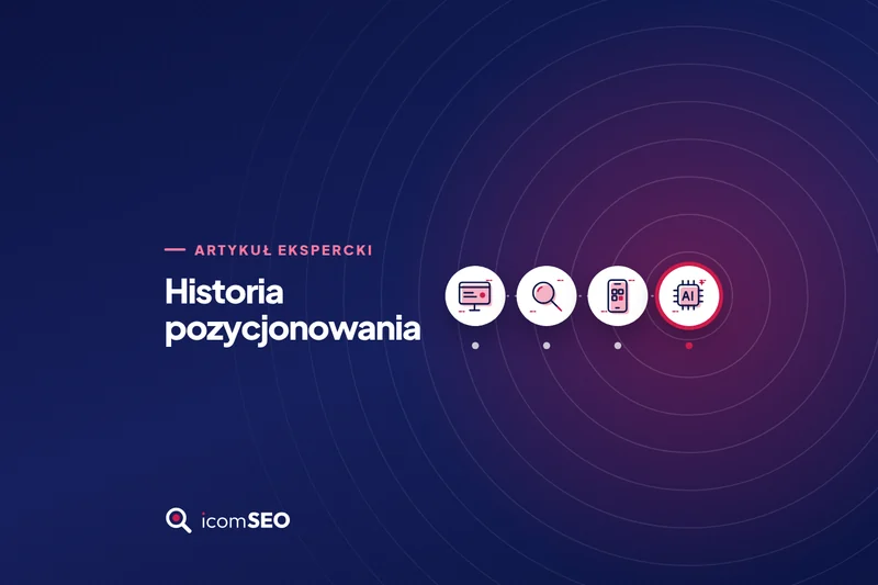 Grafika icomSEO: oś czasu z ikonami komputera, wyszukiwarki, telefonu i AI na granatowym tle