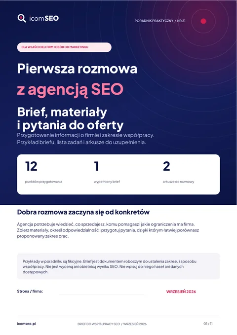 Okładka poradnika: Pierwsza rozmowa z agencją SEO: brief, materiały i pytania do oferty