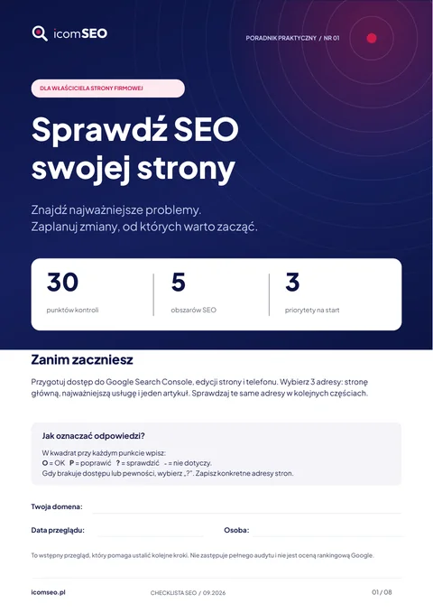 Okładka poradnika: Checklista SEO: 30 punktów kontroli strony firmowej