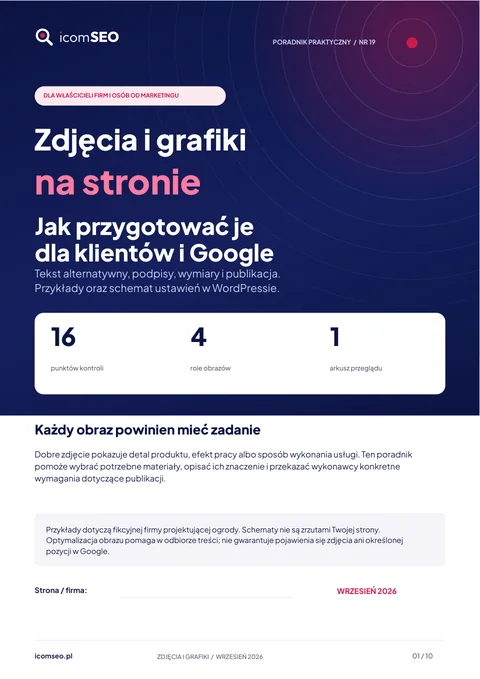 Okładka poradnika: Zdjęcia i grafiki na stronie: jak przygotować je dla klientów i Google