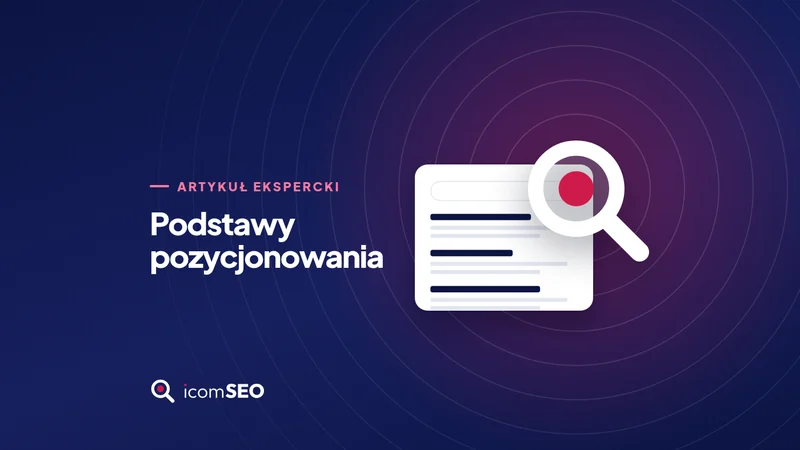 Grafika icomSEO: lupa z czerwoną kropką nad wynikami wyszukiwania na granatowym tle