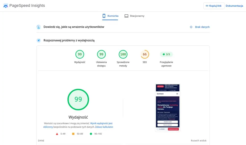 Zrzut raportu PageSpeed Insights w wersji na telefon: wydajność 99, ułatwienia dostępu 99, sprawdzone metody 100, SEO 66