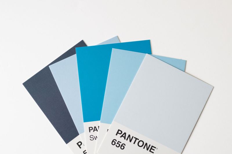 Wachlarz fizycznych próbek Pantone w odcieniach niebieskiego i szarości.