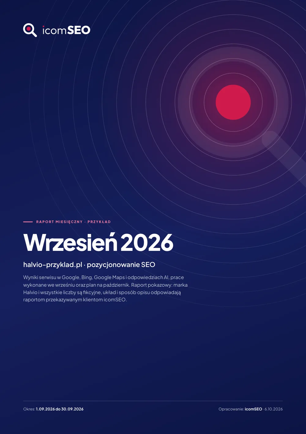 Przykładowy raport SEO icomSEO, strona 1: Okładka